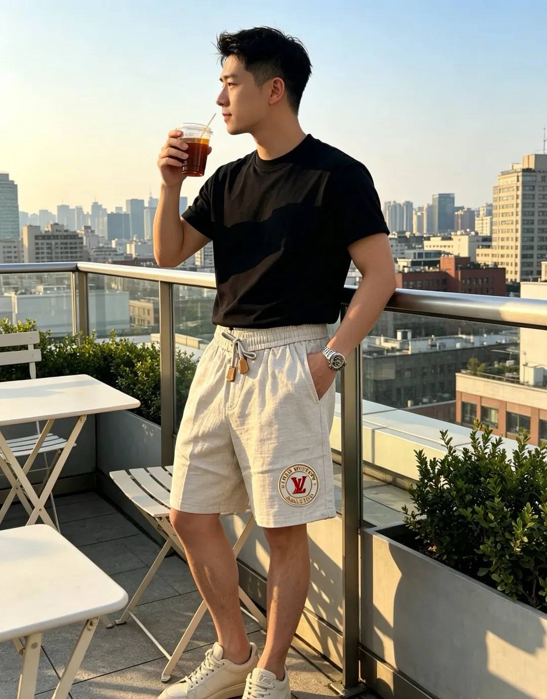 Louis Vuitton/Louis Vuitton 26ss round badge cotton and linen shorts